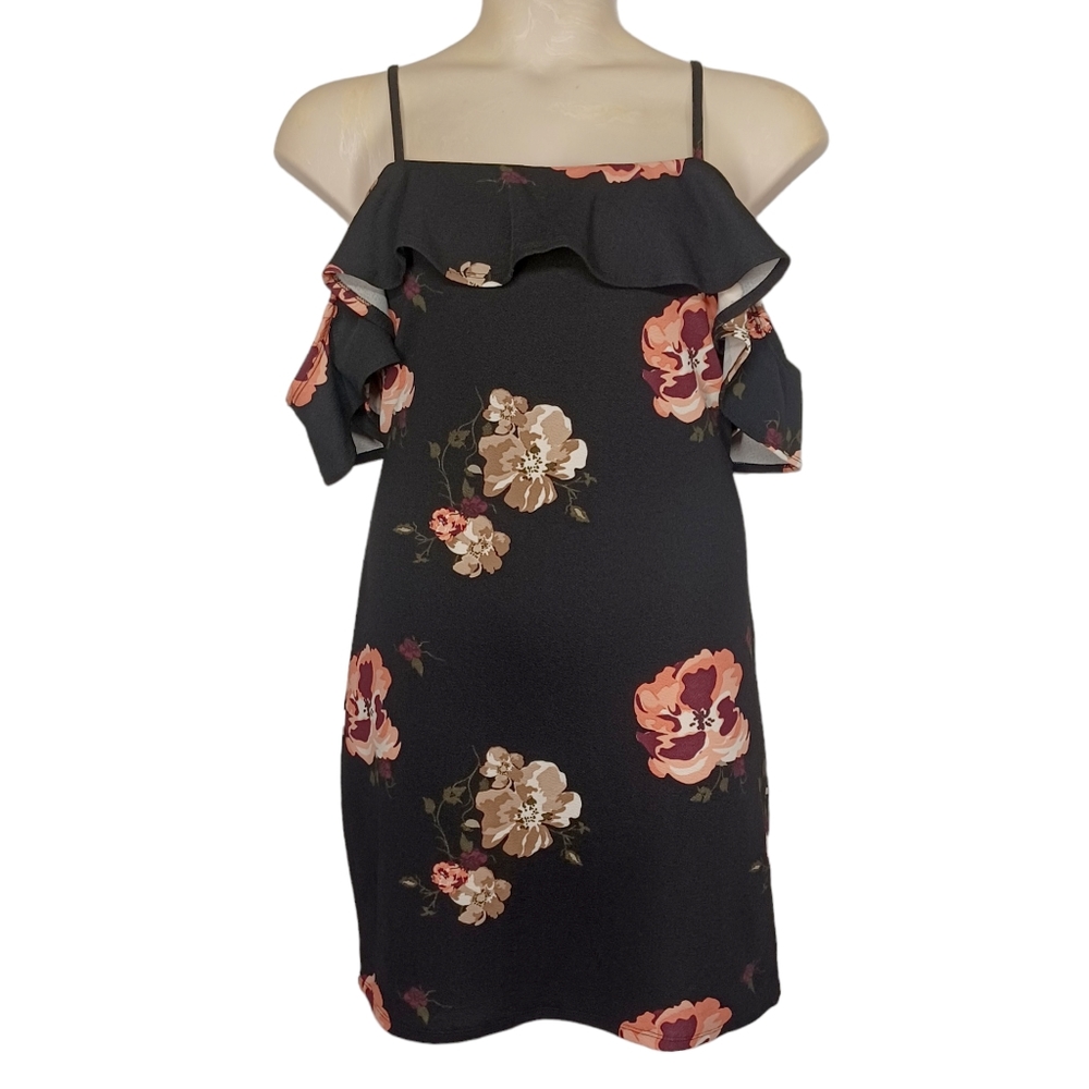 BRANDY BLU Pink Tan Floral Print Cold Shoulder Bodycon Mini Black Dress 1X NWT